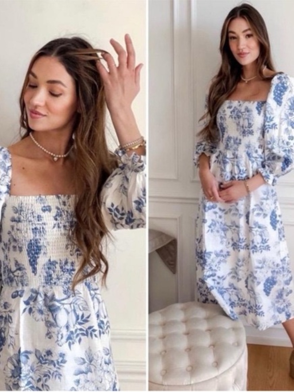 Reformation Midi Maxi Dress White Blue Floral Toile Gitane 100% Linen Smocked S